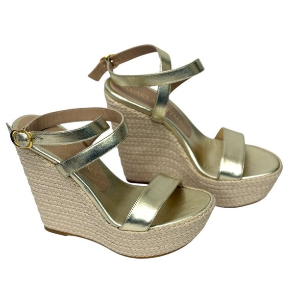 Stuart Weitzman NWOT Alex Platform Wedge Sandals Woven Raffia Gold Size 6.5 - Picture 2 of 14